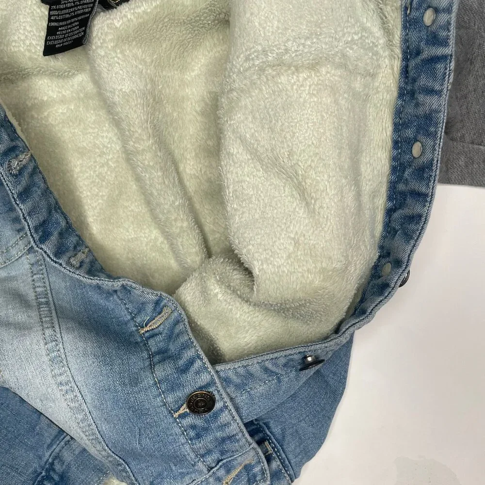 Vigoss Girls Hooded Denim Jacket Size 10 Patches Sherpa Lined Mixed Media